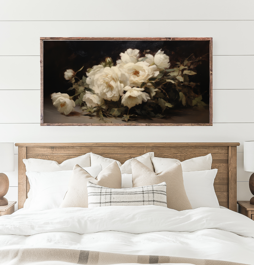 Moody White Roses Canvas Printed Sign