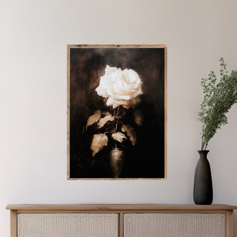 Moody White Single Rose Canvas Printed Sign