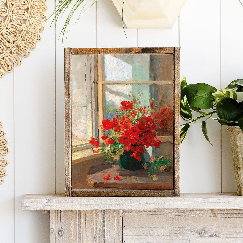 Poppies In The Window Canvas Printed Sign