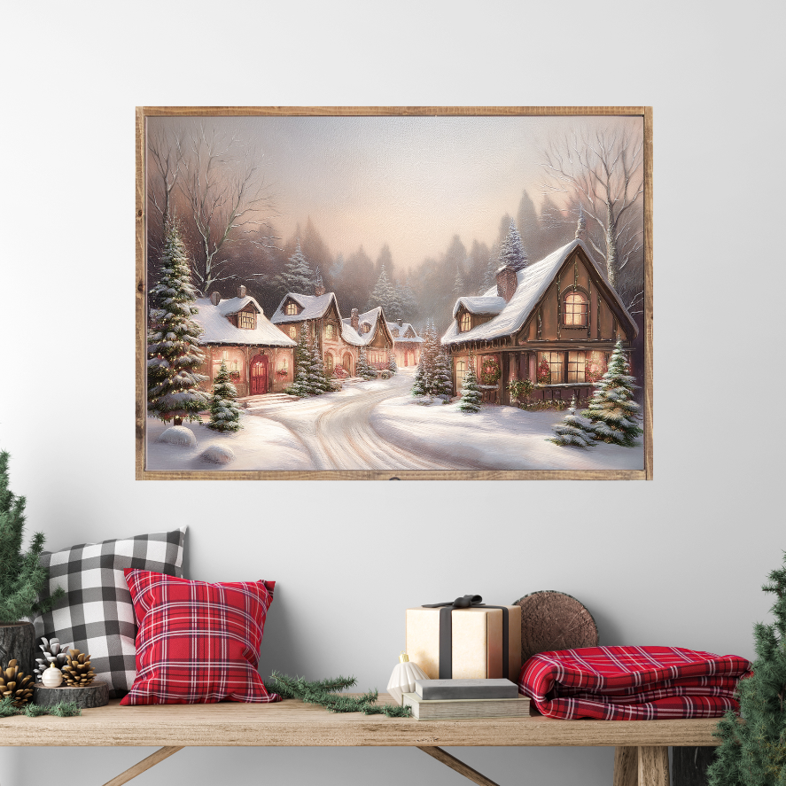 Quaint Christmas Village Canvas Printed Sign