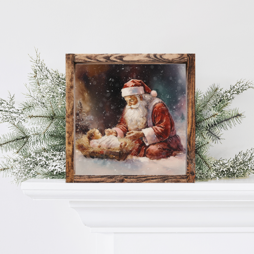 Santa And Baby Jesus Canvas Printed Sign