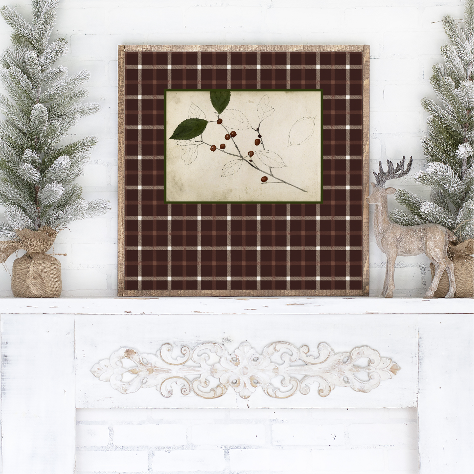Vintage Brown Plaid Holly Canvas Printed Sign